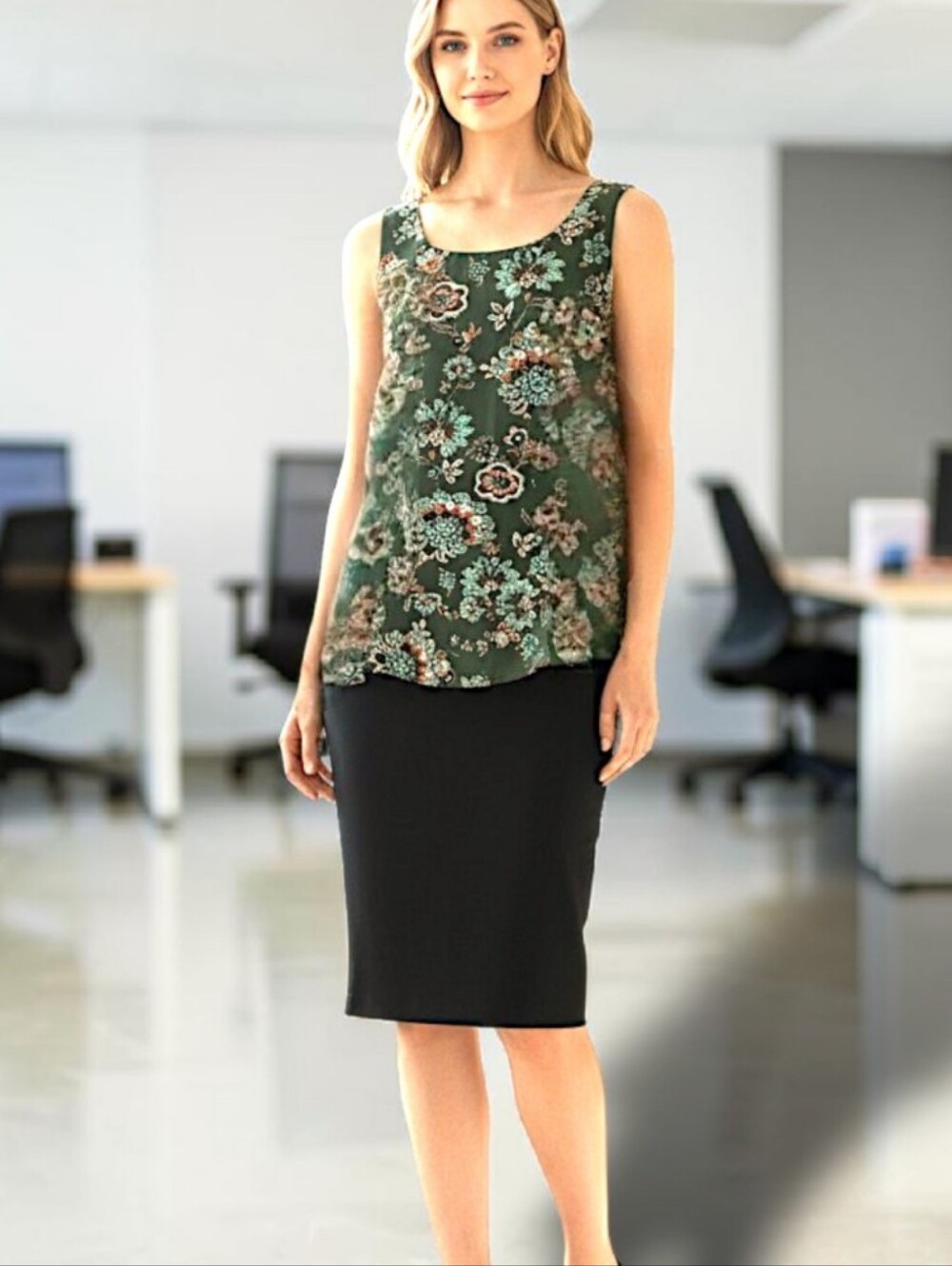 ❇️ AB Studio Sleeveless Multi-Colored Floral Halter Top On Green Background